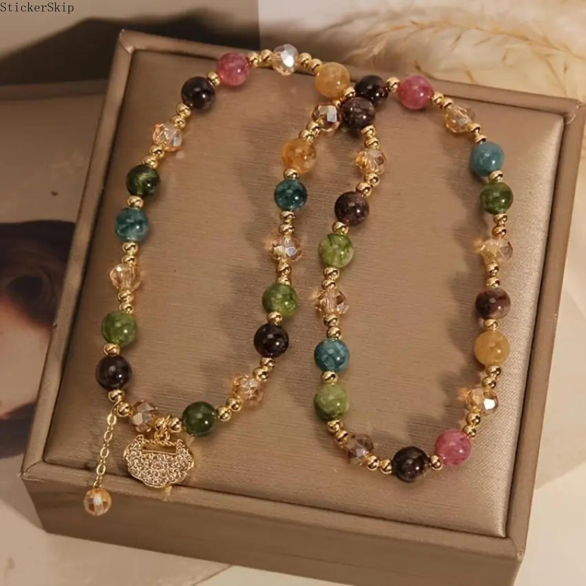 2026 NEW Double Layer Rainbow Tourmaline Round Bead Bracelet, Bohemian Jewelry for Daily Wear, Yoga, Gifting, Featuring Longevity Lock Charm, Color Design