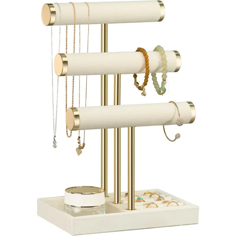 Velvet 3-Tier Detachable T-Bar Jewelry Organizer, Bracelet Holder Display Stand for Bracelets, Necklaces, Watches Storage