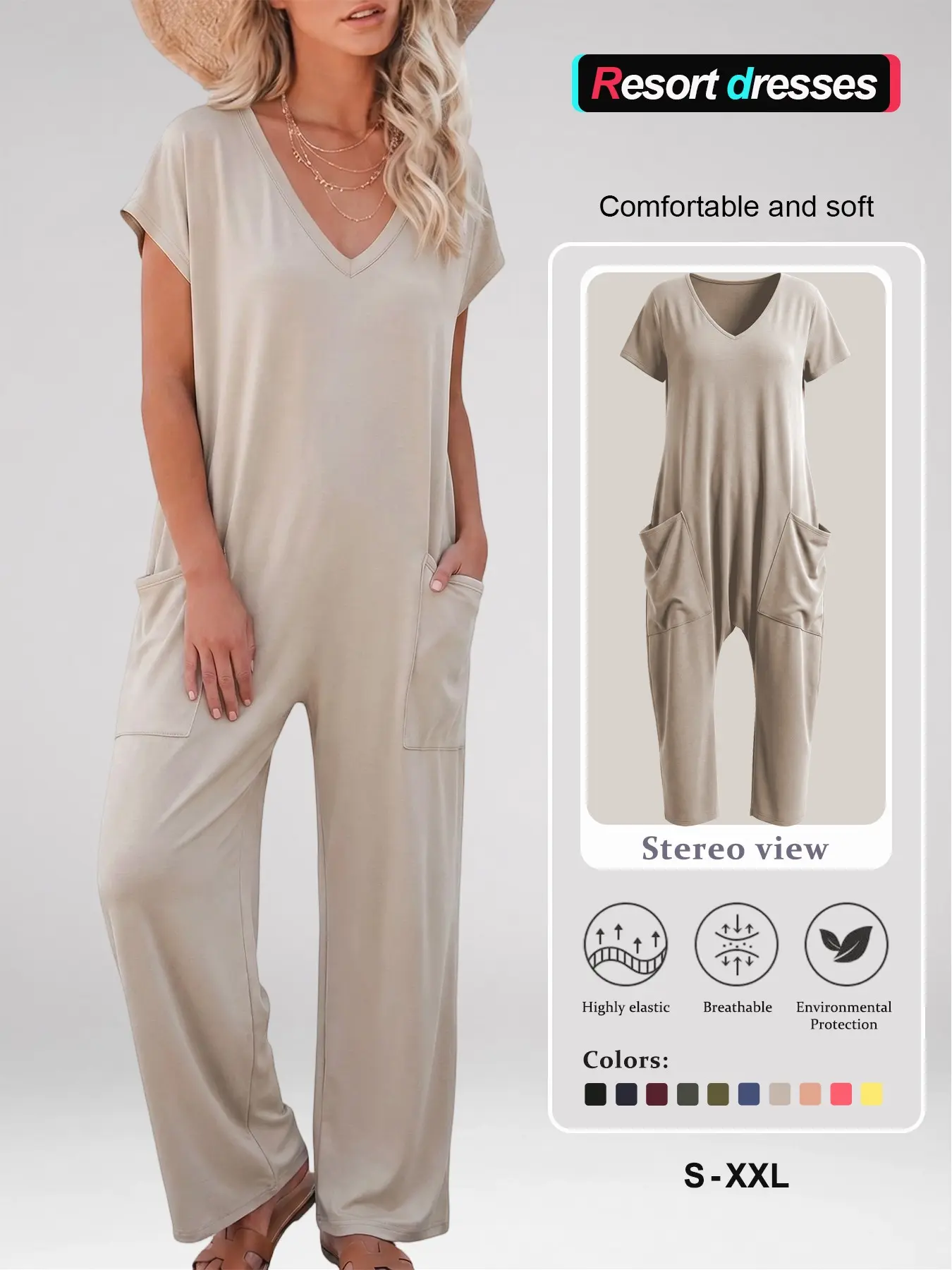 Women's V Neck Wide Leg Jumpsuit with Pockets, Casual Loose Fit Short Sleeve One Piece Outfit, Comfy Lounge Romper for Women, Everyday Summer Travel Wear