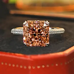 4CT Bling Ice Cut Princess Square Open Ring, Vibrant Padparadscha Morganite Tone Sparkly CZ Statement Ring, Paved Side Stones Adjustable Finger Jewelry, Glam Light Refracting Ornament For Party Dating Daily Stacking, Dainty Budget Fashion Accessory Gift F