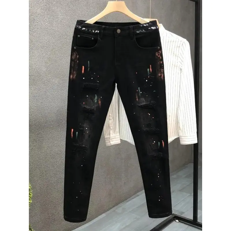 Men's PD 9979 Slim Fit Paint Splatter Jeans, Stylish Mid Waist Distressed Denim, Casual Menswear Clothes with Non-Iron Fabric, Spring Wear, Distressed Look