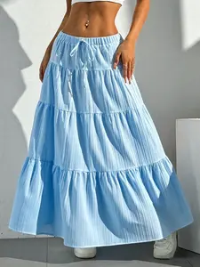 Women's Spring Summer Blue Midi Skirt, Tie Waist Elegant A-Line Dress, Casual Loose Long Skirt, Umbrella Skirt for Ladies