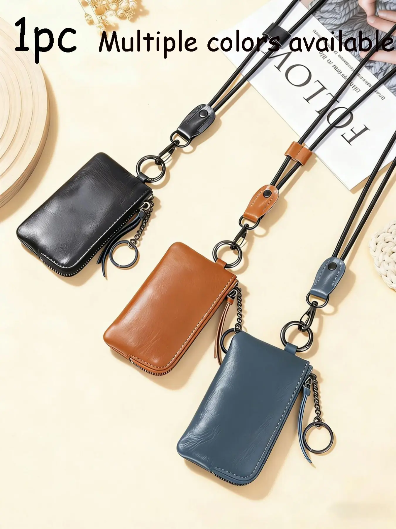 Personalized PU Leather Neck Strap Wallet, Mini Keychain Coin Purse, Fashionable Multi-Function Large Capacity Card Holder, Unisex Gift