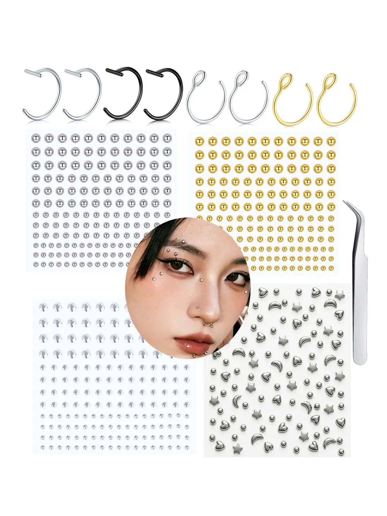 Mix Fake Piercings Face Gems Hair Gems Hair Jewels Eye Jewels Stick on Rhinestones for Makeup Halloween Festival Star Fake Nose Lip Hoop Faux Labret Medusa Jewelry Party Rave Festival Concert Accessories