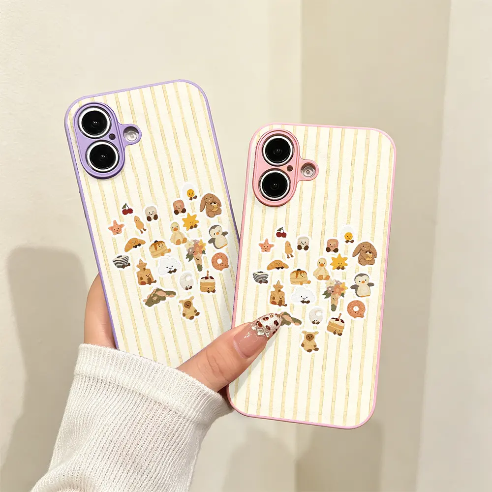 Cute Aesthetic Stickers Phone Case， Kawaii Illustration Style， for compatible with iPhone 17 Pro Max 17 Air 17Pro 16 Plus 15 14 13 12 11 Pro Max， Soft Cartoon Food Animal Pattern Birthday Gift