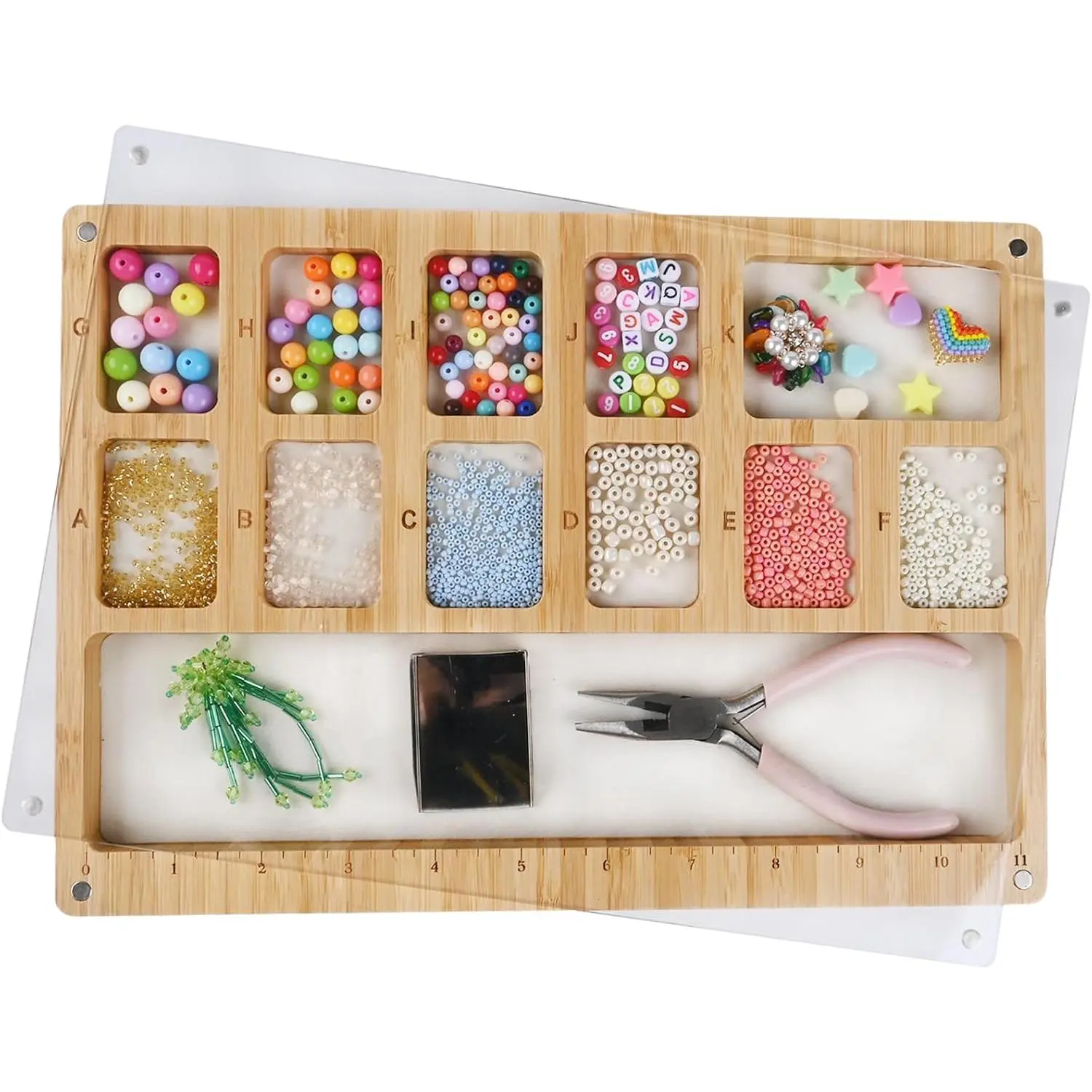 Beads Sorting Tray for Jewelry Bracelet Making, Wood Bead Board with Magnetic Acrylic Lid, Scoop, Band, Velvet Padding, Engraved 11in Ruler, 12 Compartments & Letter A-K Markings
