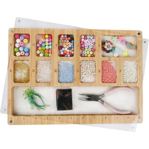 Beads Sorting Tray for Jewelry Bracelet Making, Wood Bead Board with Magnetic Acrylic Lid, Scoop, Band, Velvet Padding, Engraved 11in Ruler, 12 Compartments & Letter A-K Markings
