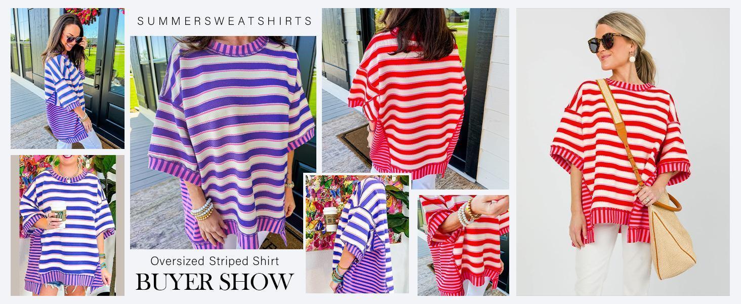 Imily Bela Womens Oversized Striped Shirt Summer Half Sleeve Tops Crew Neck Sweatshirts Casual Blouse