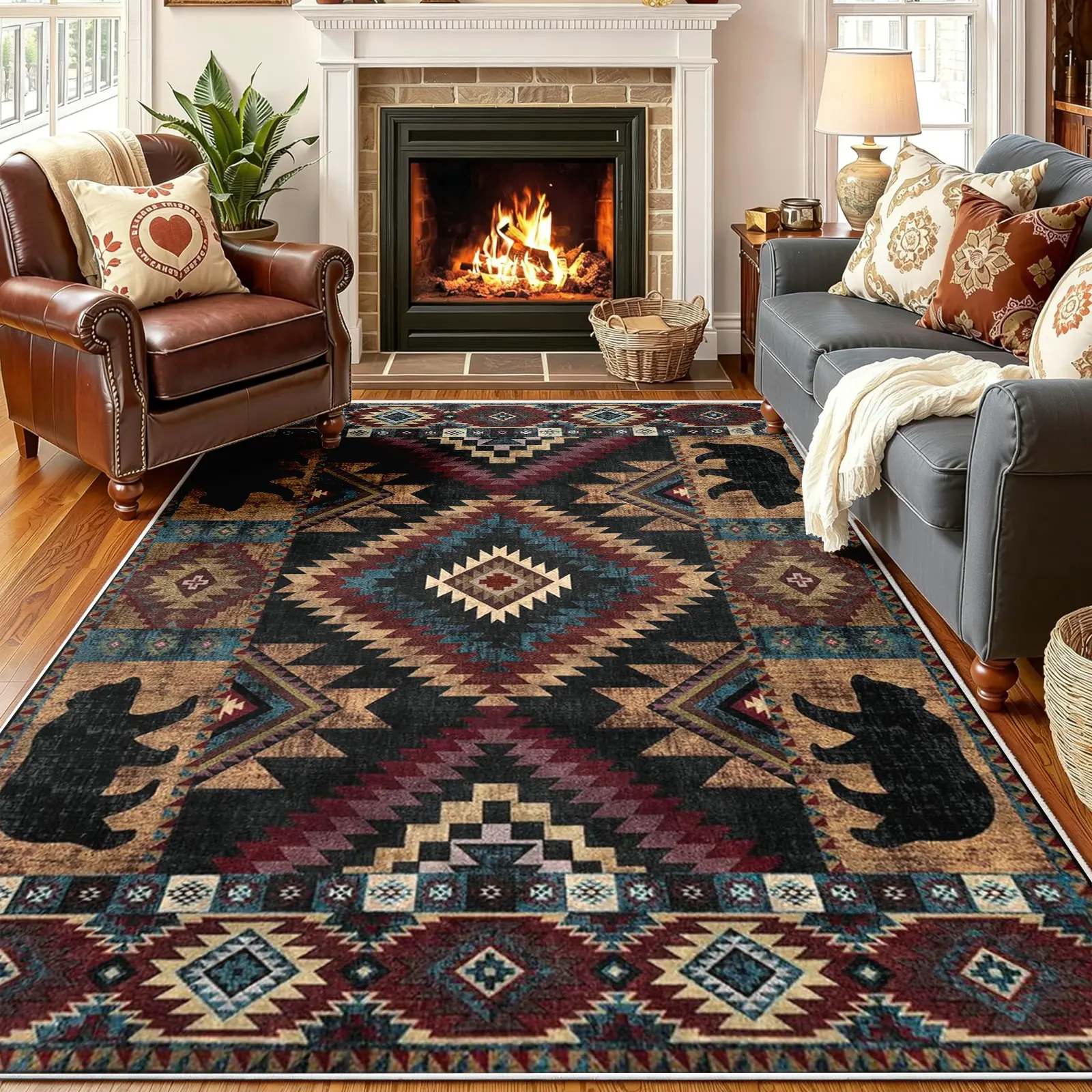 Southwestern Aztec Area Rug, Geometric Bear Silhouette with Deep Charcoal & Brick Red Diamond Pattern, Non-Slip Washable Carpet, Soft Durable Floor Mat, Boho Aesthetic Rugs for Living Room Decor, 8 x 10 ft Area Rugs