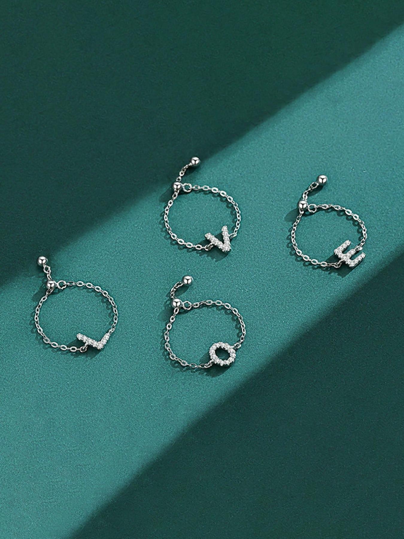 S925 Sterling Silver Initials Designed Artificial Zircon Decor Adjustable Chain Ring, Alphabet Design Ring, Personalized Daily Wear Ring, Fine Jewelry for Dating, Party, Wedding, Engagement, Anniversary Gift, Adjustable Rings