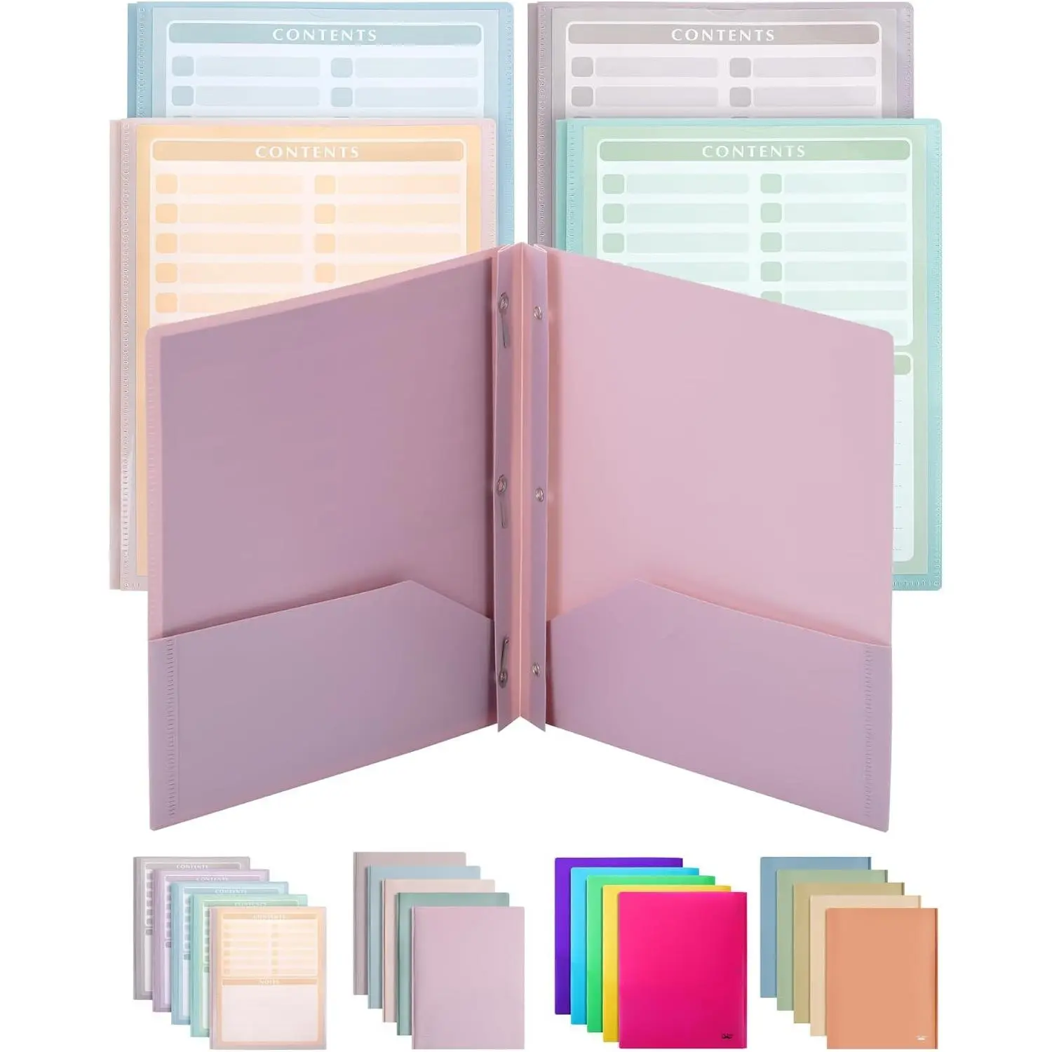 Plastic Folders with Clear Front Pocket, 5 pcs, Pastel Colors, File Folders with Fasteners for Documents