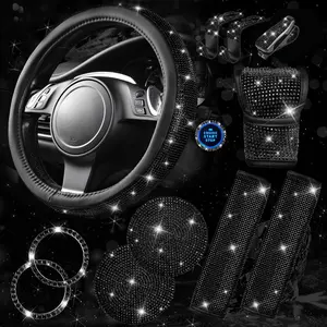 11 PCS Bling Diamond Car Accessories for Women, Sparkly Rhinestone Steering Wheel Cover, Bling Seat Belt Cushion, Glitter Shift Knob Cover, Car Cup Holder Coaster, Cute Interior Sets Black