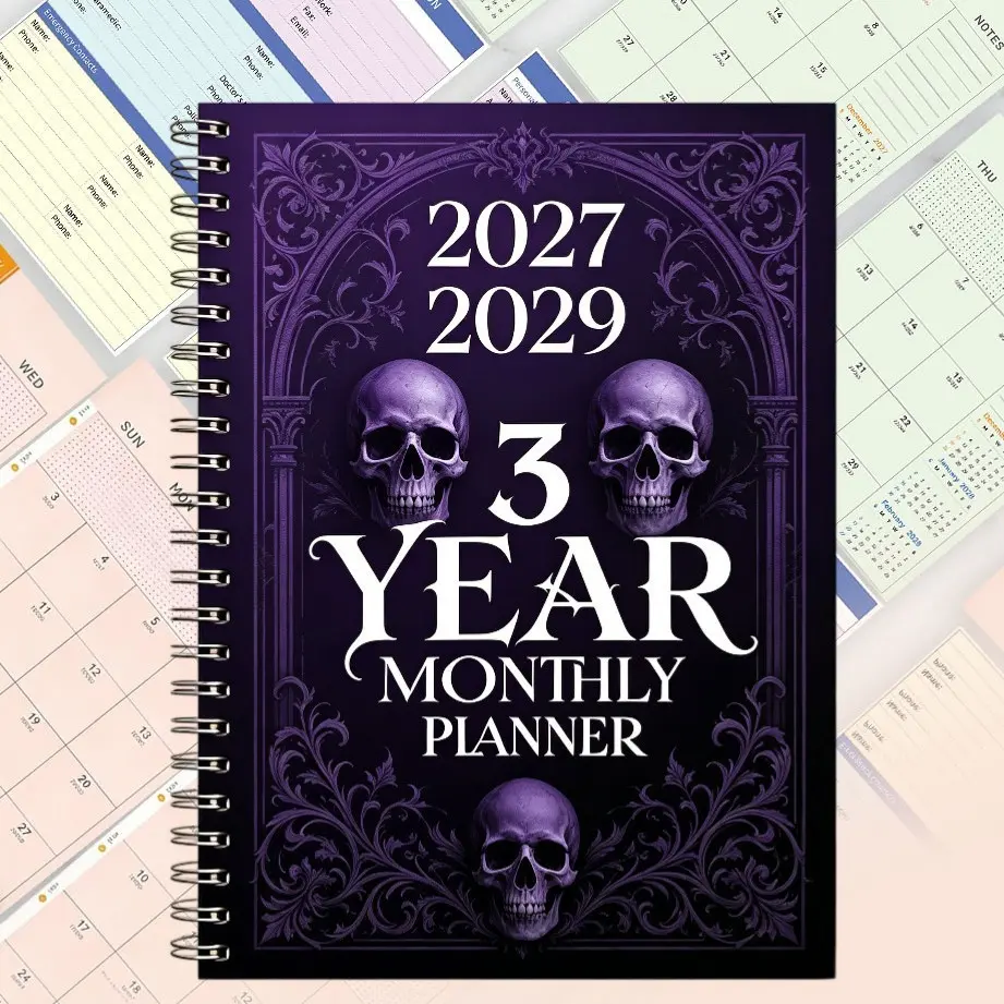 3 Year Monthly Planner Calendar 2027-2029, Gothic Skull Design, Hardcover Spiral Binding, Durable Agenda Notebook for Organization