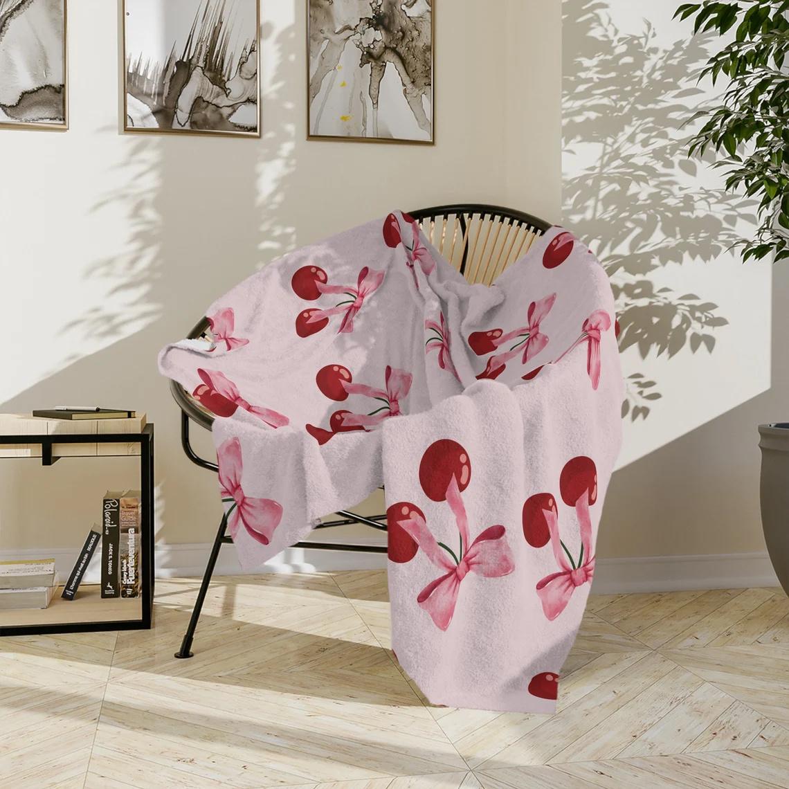 Soft Minky Plush Blanket with Cherry & Pink Bow Design, Coquette Style, , All-Season Use, Machine Washable, Contemporary Home Decor, Perfect Gift for Her, Throw Contemporary Style Quilted Texture-280GSM