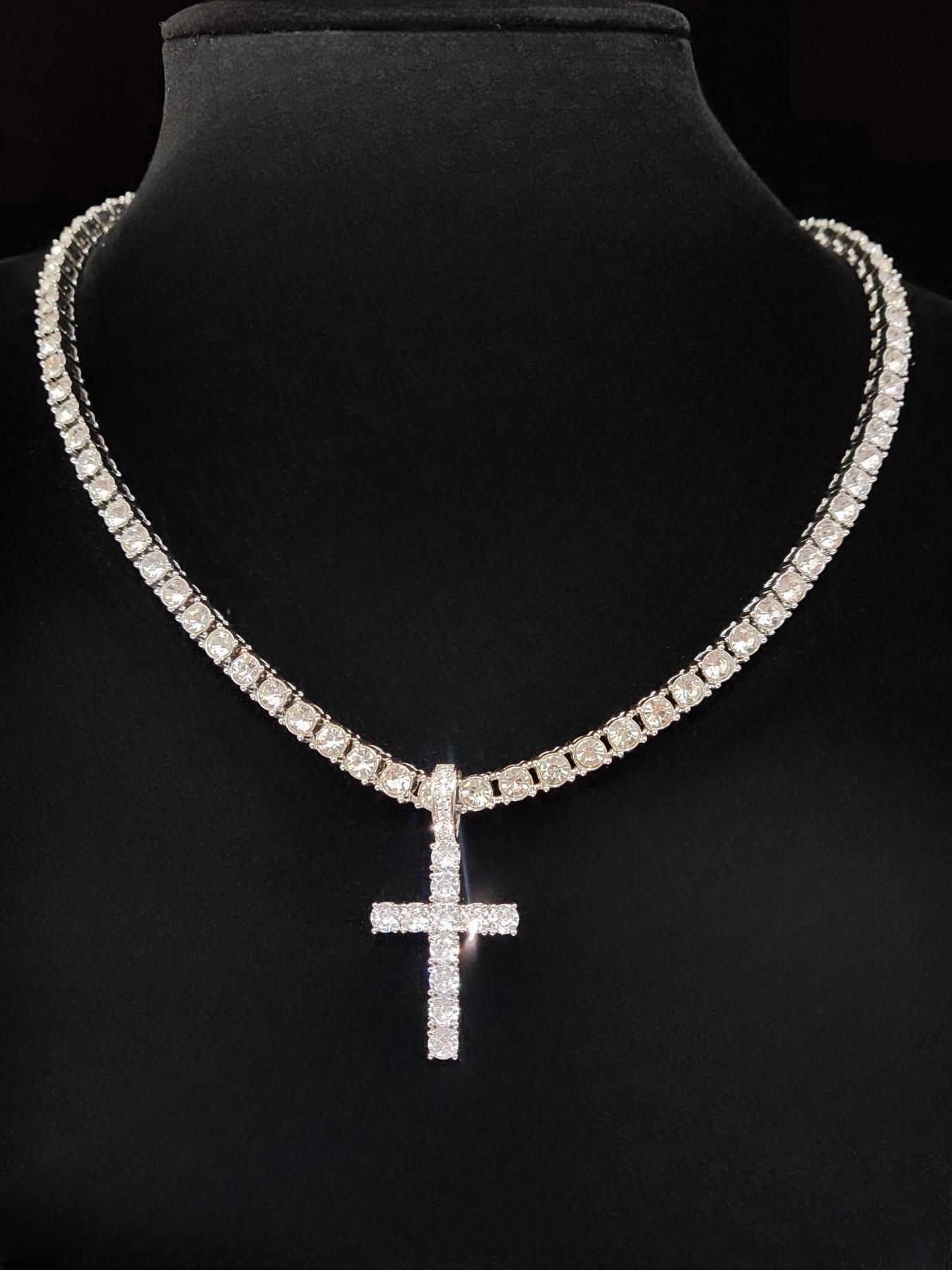 Artificial Zircon Decorated Cross Pendant Necklace & Chain Necklace, Cuban Cross Necklace, Punk Style Jewelry for Party, Daily Decor for Boy, Trendy Exquisite Hip Hop Jewelry for Birthday Gift