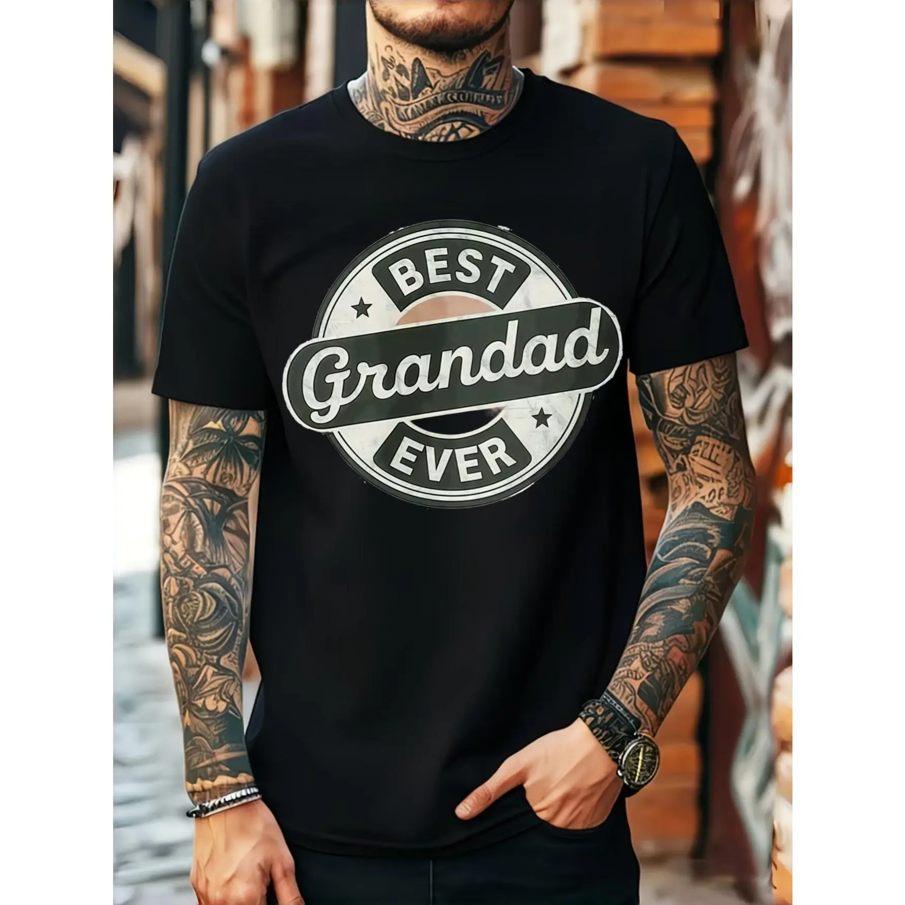 Men's Round Neck Fashion T-Shirt - Casual Streetwear Menswear, "Best Grandad Ever" Graphic Print, Summer Daily Wear Grandfather Gift (Matching Option Available)