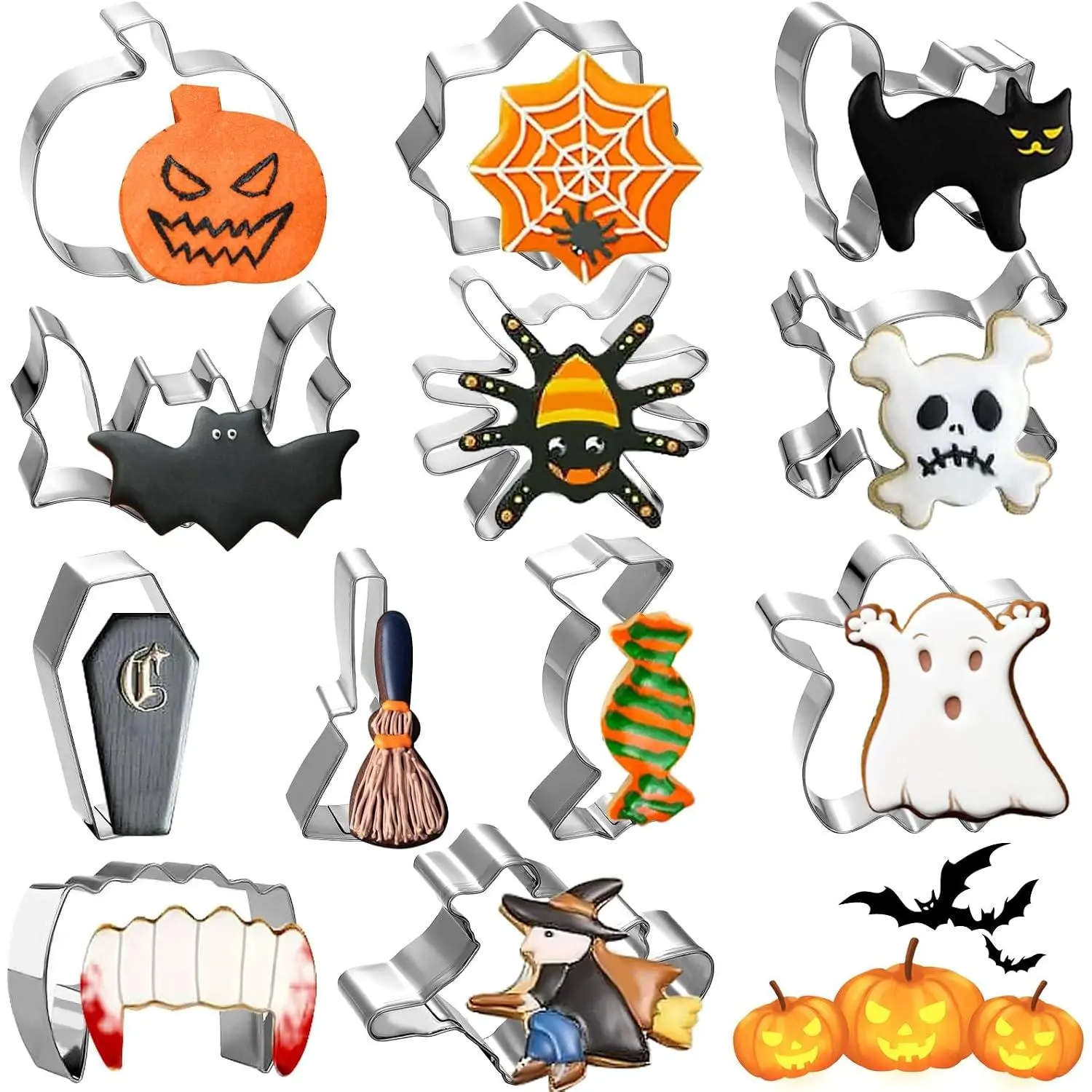 Halloween Cookie Cutters, 12 count Cookie Cutters Shape Set Stainless Steel Biscuit Cutters Mold with Pumpkin, , , and  for DIY Halloween  Party Baking Decorations Supplies