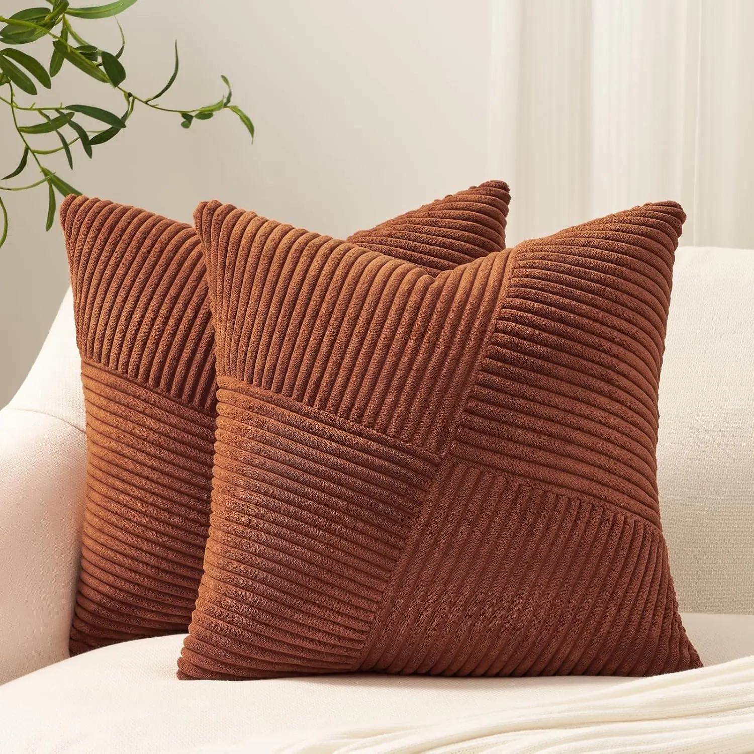 Set of 2 Decorative Terracotta Throw Pillow Covers 20x20 Inch for Couch Sofa Bed, Rustic Farmhouse Boho Home Decor, Soft Corduroy Windmill Textured Striped Patchwork Cushion Cases
