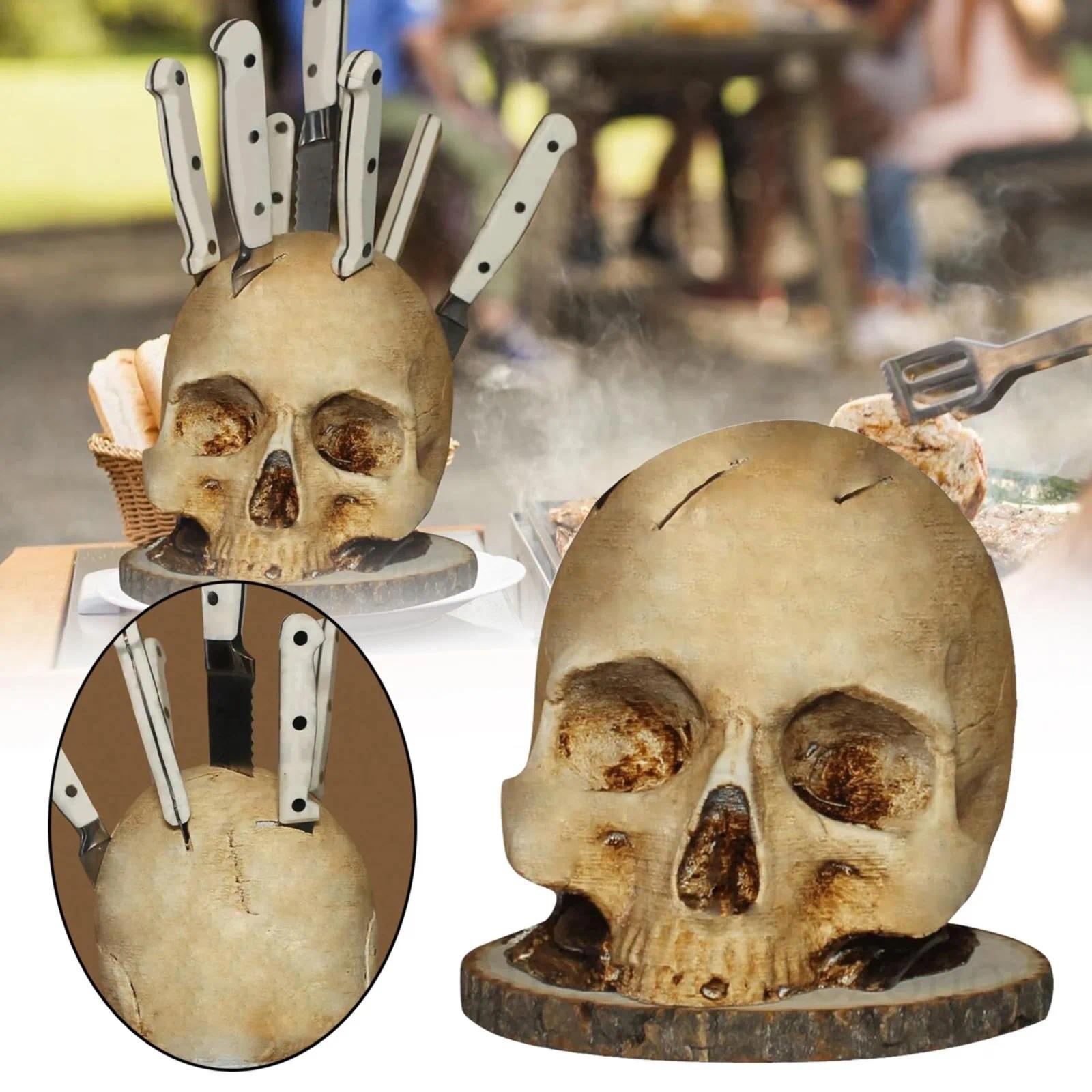 Skull Knife Holder for Kitchen Organizer Skeleton Knife Stand, Scary Party Camping Kitchen Accessories Storage Halloween Decor