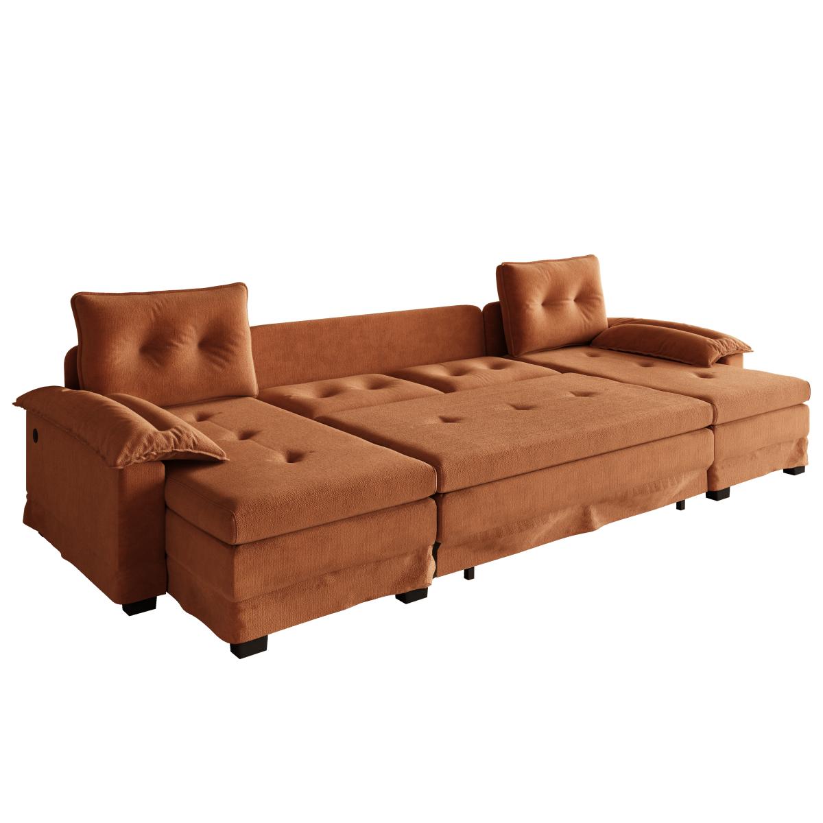 109.5" U-Shaped Sleeper Sofa with Pull Out Bed,2 in 1 Convertible Couch Bed with Removable Armrests & USB Ports,Oversized Sectional Modular with Chaise Lounge for Living Room/Apartment,Orange    RR