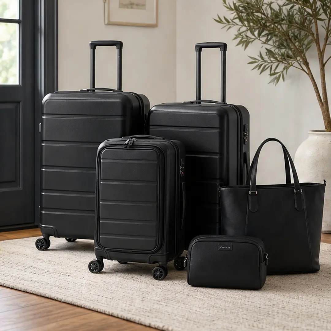 ARCH 5-Piece Hardside Luggage Set with 20-Inch Front-Opening Carry-On, 24-Inch and 28-Inch Expandable Suitcases, TSA Lock, Double Spinner Wheels, USB Port, ABS Material, Black, Includes Handbag and Toiletry Bag for Travel, Black Color Options