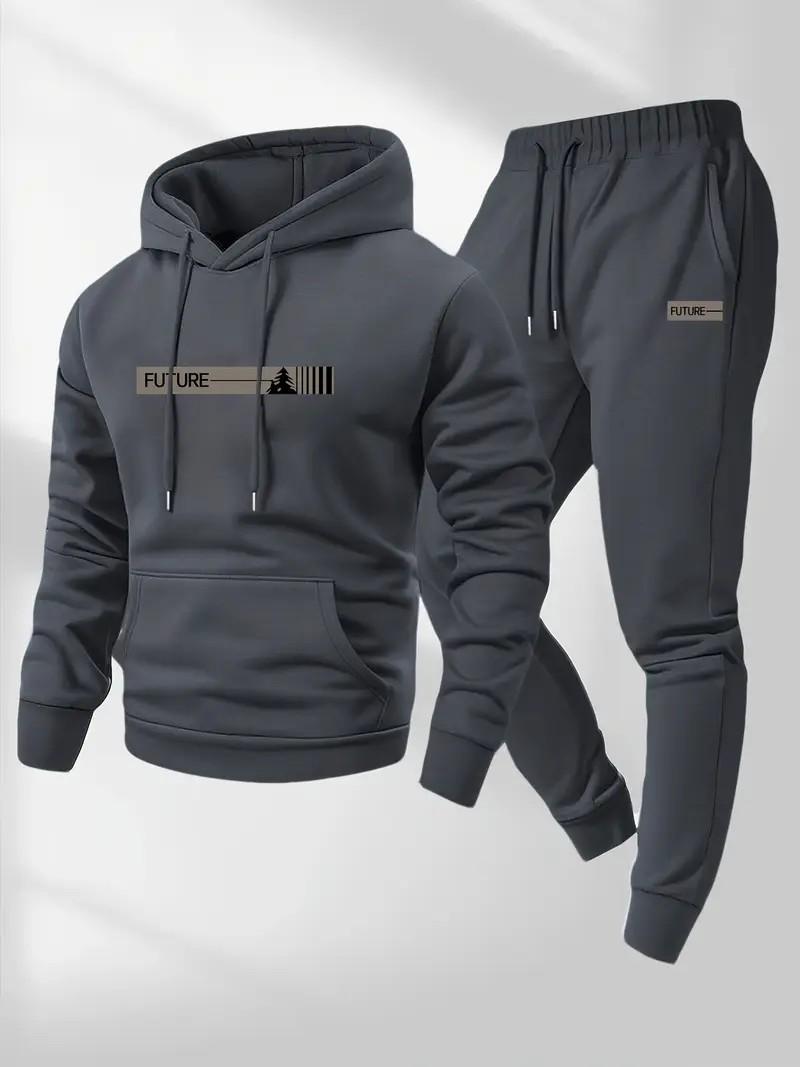 Men's two-piece set, casual round neck long sleeved hooded sweatshirt and sweatpants set, suitable for winter and autumn, sportswear set, hooded sweatshirt, sweatshirt, sweatpants