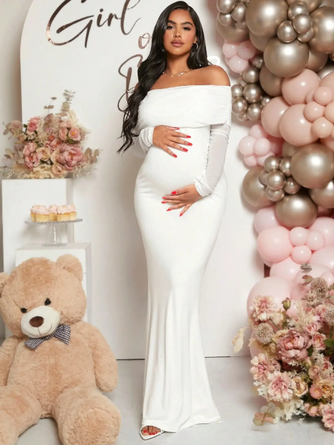 One-Shoulder Long Sleeve Fish Tail Dress, Pregnant Woman's Elegant Chic Off-The-Shoulder Ruched Slim Fit Evening Gown, Bridal Party Wear, Formal Wear