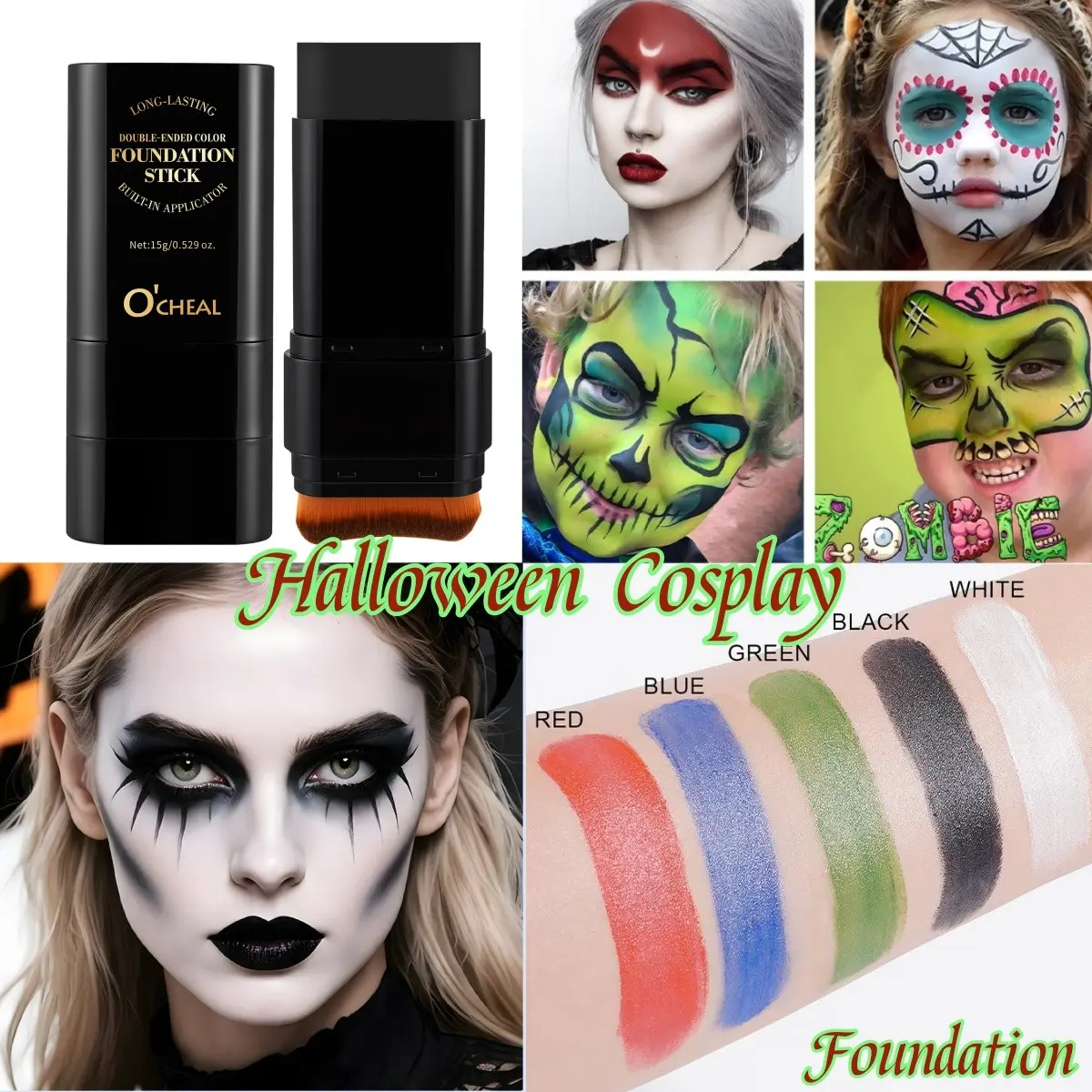 Double-Ended Color Foundation Stick,Cosplay Foundation Face Body Paint Oil Based Foundation with Brush  for Halloween Cosplay, Cosplay Makeup, Red white blue Foundation for National Day