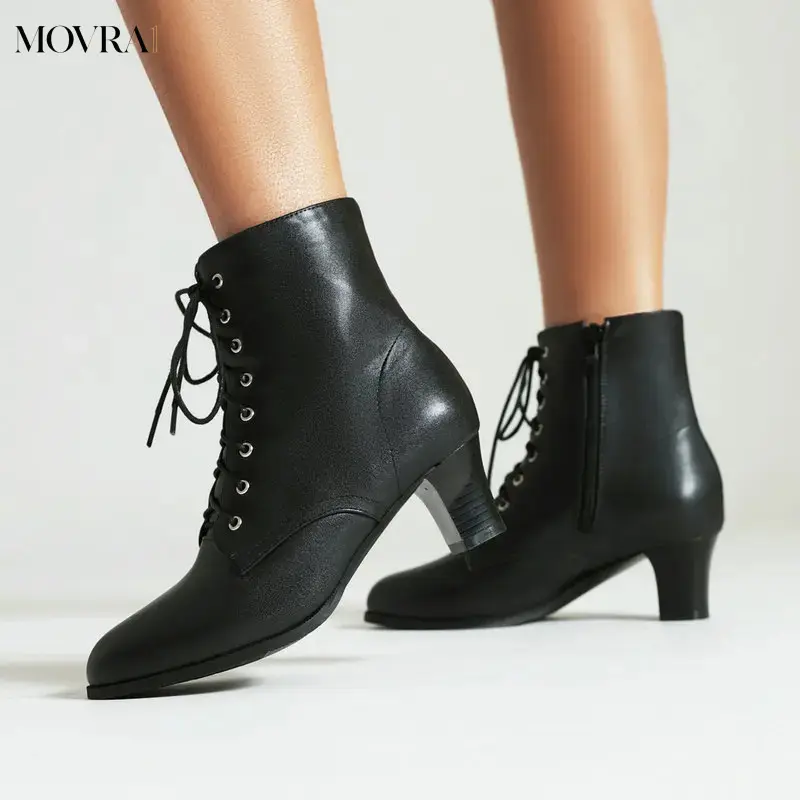 MOVRA1 Stylish Women's Heeled Ankle Boots - Fashionable Lace-Up Pointed Toe Design, Chunky Heels, Versatile All-Match Dress Shoes Occasions