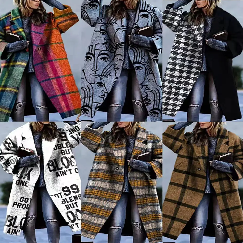 Elegant Plaid and Dragon Phoenix Print Coat for Women, Loose Long Sleeve Autumn Outerwear with Turn-Down Collar, Longsleeves