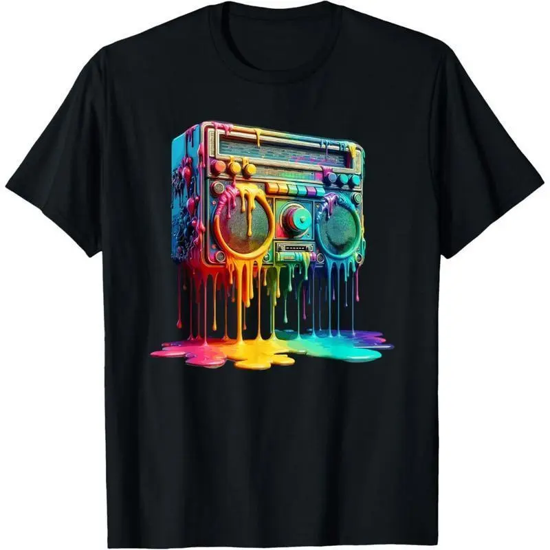 Men's Smooth Cotton Tshirt - 80s Retro Graffiti Boombox Graphic, Streetwear Oversize Casual Loose-Fit Short-Sleeve Round-Neck Top, Breathable Fabric for Hip Hop Enthusiasts, Baggy, Shortsleeve, T-Shirt, Oversized, Graffiti Art, Pure Cotton
