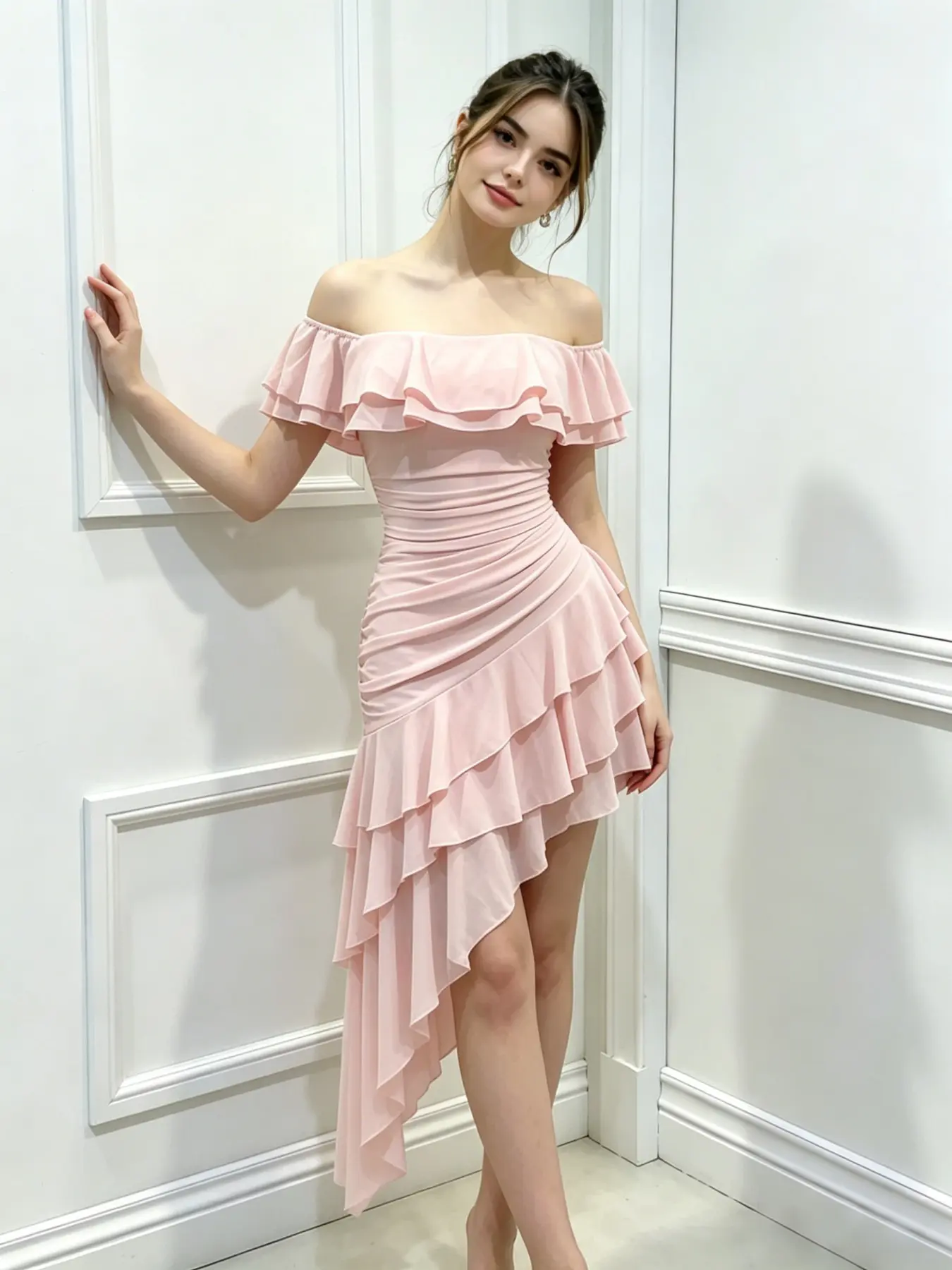 Elegant Feminine Asymmetrical Ruffle One Shoulder Dress, Irregular Hem Waist Cinching, French Style, Asymmetric Bustier, Slim Fit Long Dress Ll168