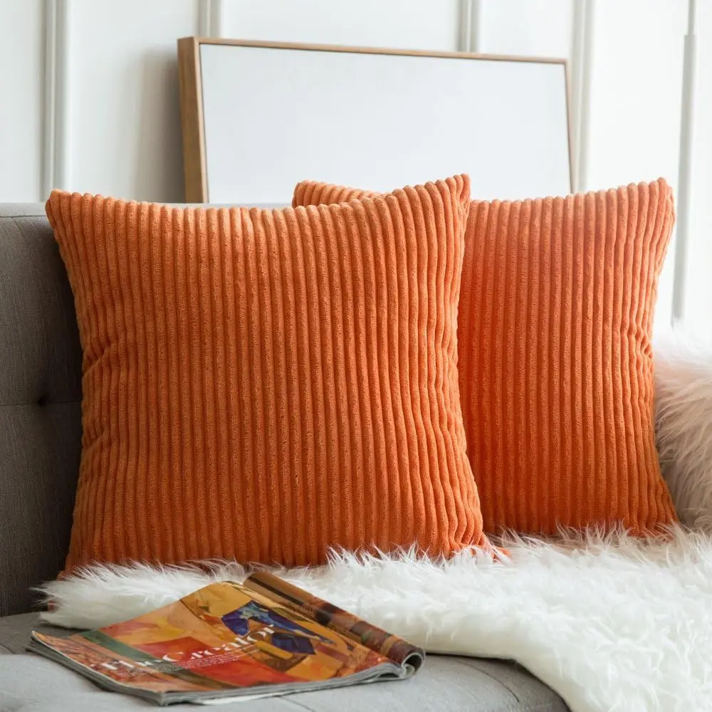 Fall Decorative Corduroy Throw Pillow Covers Set of 2 18x18 Orange |       Soft Solid Striped Textured Cushion Cases for Couch Chair Sofa Bed Living Room Boho Square Pillowcases for Home Decor