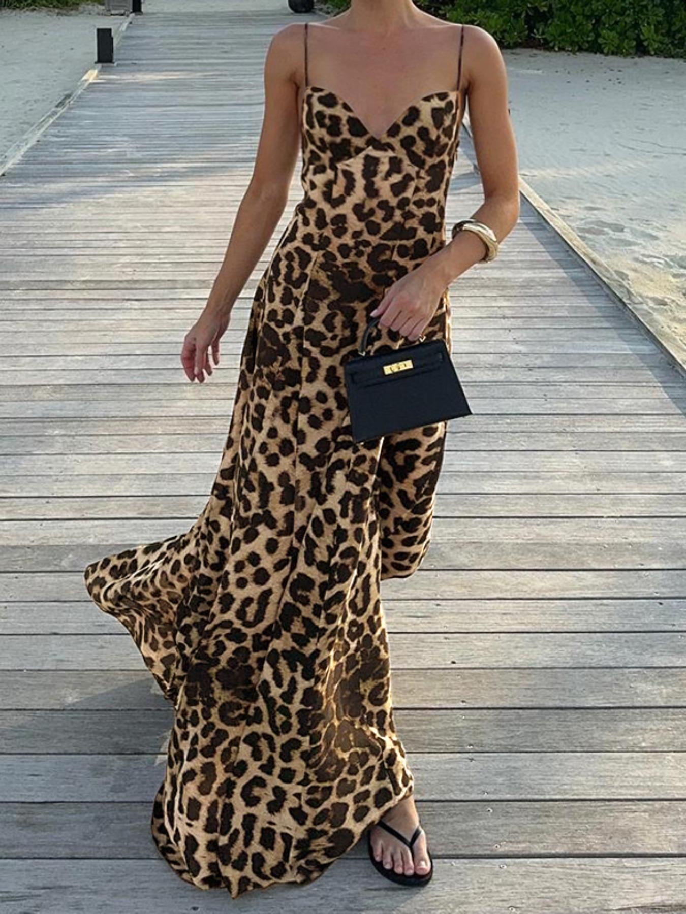 Women's Elegant Sexy Casual Chic Sleeveless Leopard Print Backless Maxi Dress, Sleeveless Slim-Fitting Fashion, Spring & Fall Wear