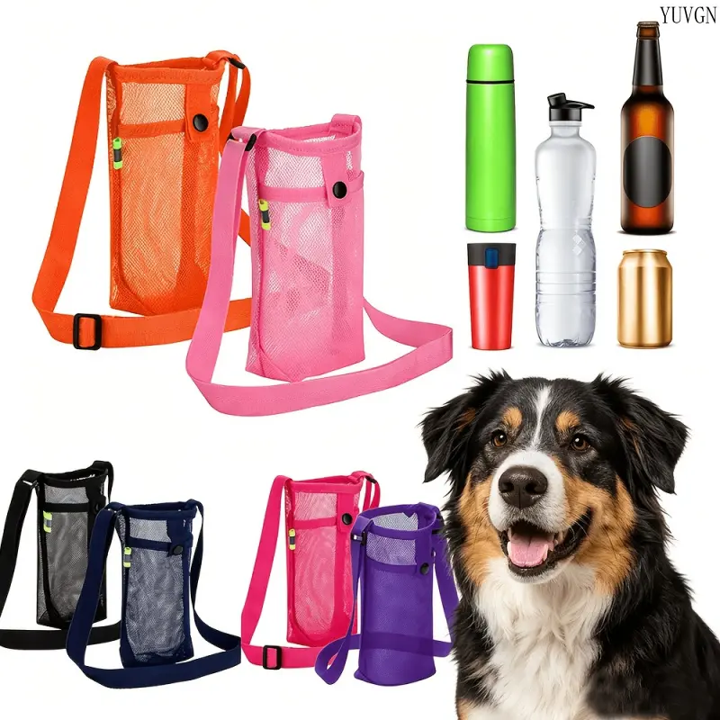 2-Pack Nylon Mesh Water Bottle Holder (Black & Navy Blue), Lightweight Sling Bag Cup Holder with Adjustable Strap and Rectangular Pouch for Hiking, Outdoor Sports, Two-Pack