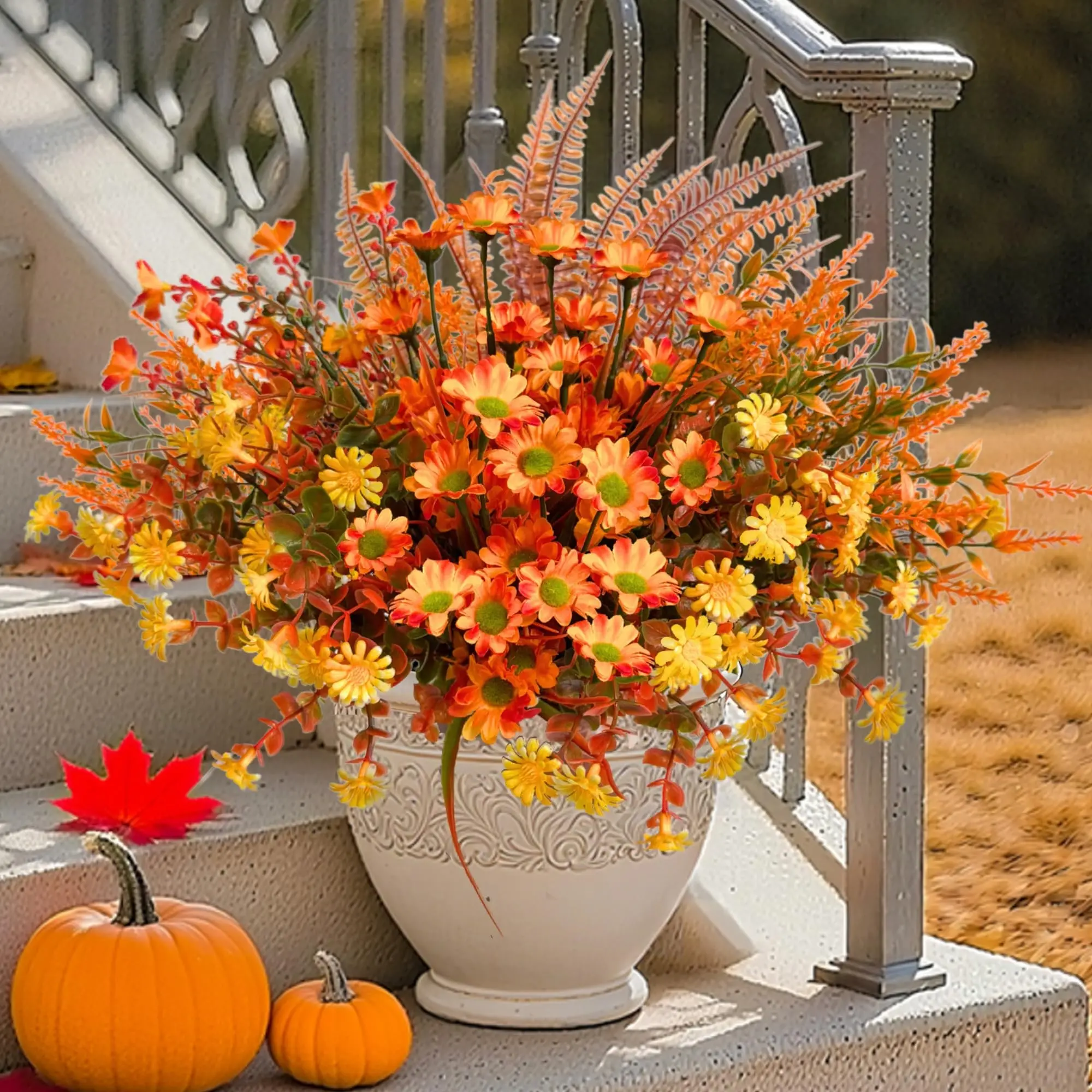 Artificial Fall Flowers for Outdoors, 24 Pcs UV Resistant Faux Silk, Garden Patio Porch Decor, Window Box Hanging Basket Planter, Artificial Flower Arrangement