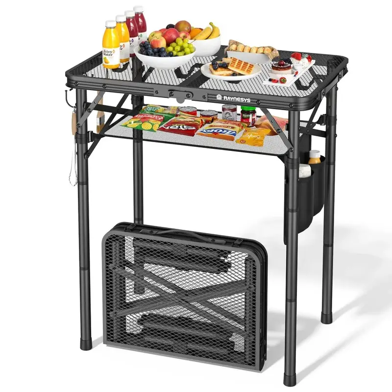 Camping Kitchen Table - Summer Must-Have, 3-Height Adjustable, Lightweight Foldable Table with Foldable Tabletop, Portable Aluminum, Heat-Resistant Metal, Mesh Bag, Hook, Outdoor Patio Camper Accessory