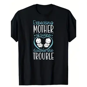 Women's & Unisex Expecting Mom of Twins T-Shirt - Funny "Expecting Mother of Twins - DOUBLE THE TROUBLE" Graphic Tee - Soft Breathable Lightweight Cotton Shirt for Twin Pregnancy Announcement - Sizes S-XXXL - Perfect TwStreetwear Menswear Basic Print Soft