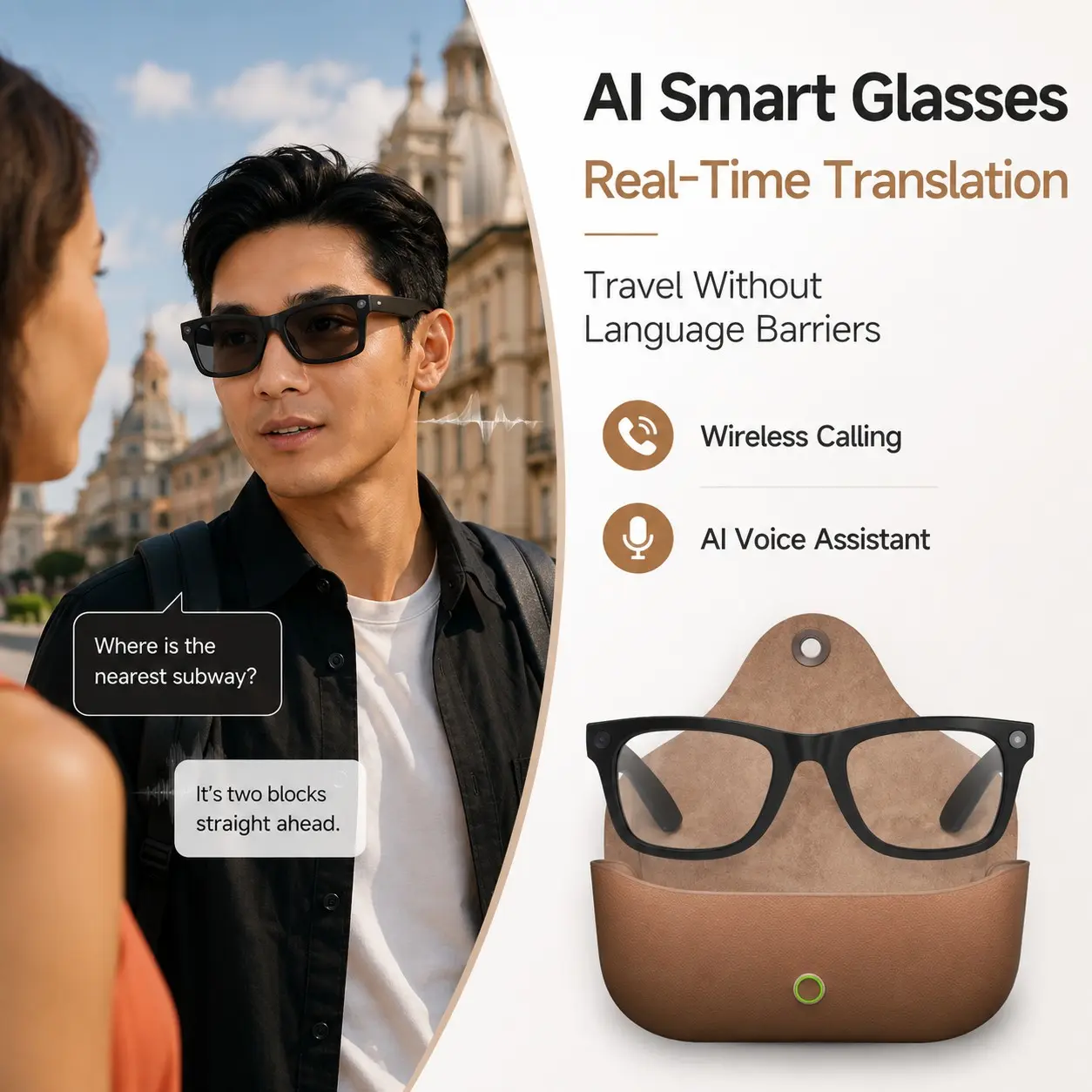 Portable Charging Case Smart Glasses 8MP HD Lens, Bluetooth Calling, Wearable Travel & Outdoor Tech, Real‑Time Translation, Voice Control, 2026 AI Smart Camera Glasses, 1080P Stabilized Video, Portable Charging Case