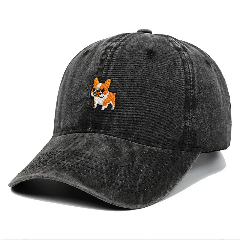Dog Embroidered Sports Outdoor Hat - Women's Men's Adjustable Washed Denim Blue Cap, French Bulldog/Corgi Design, Soft Top Sun Hat, 1 Size Fits All, Dog Lovers Birthday Gift, One Size Fits All