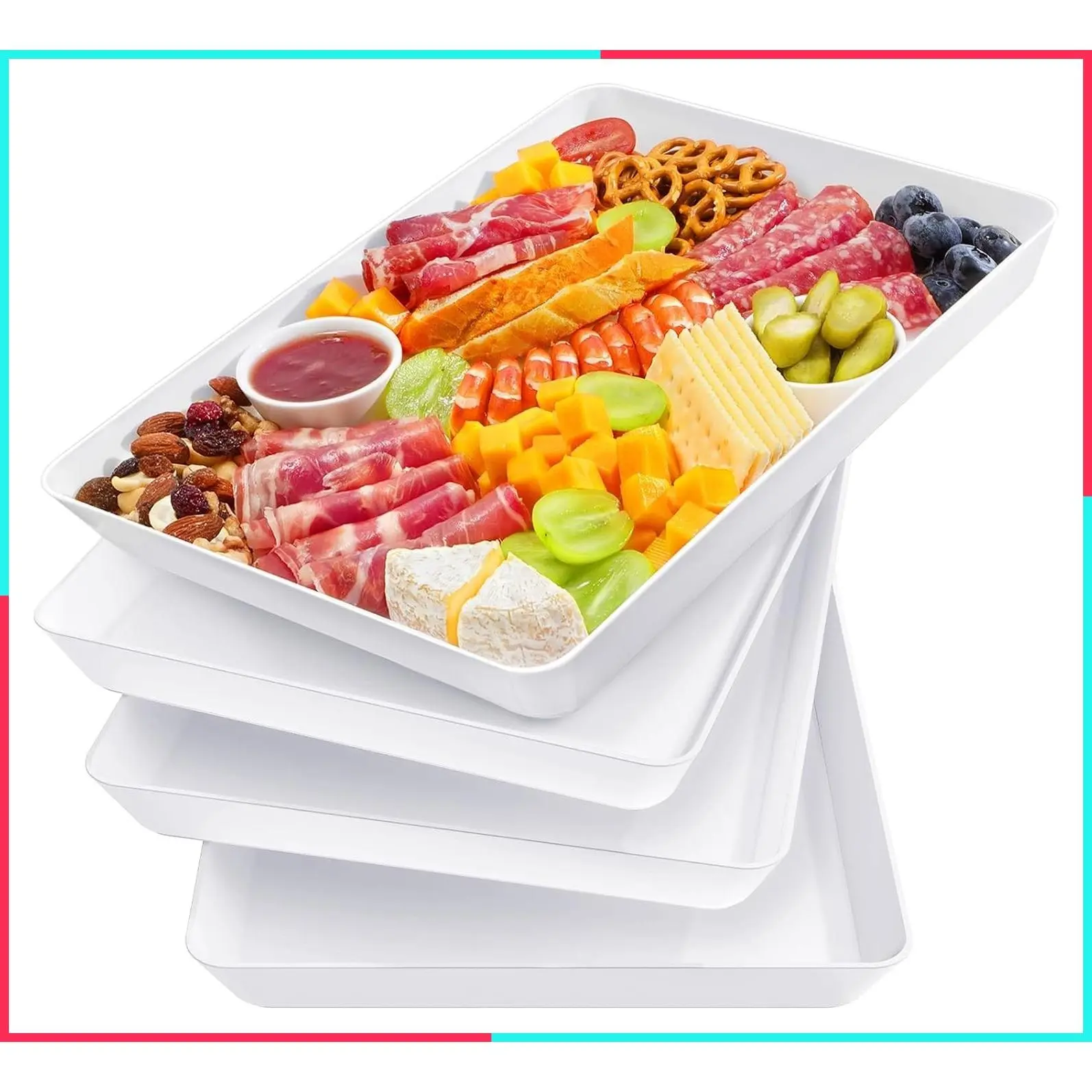 4 Pcs Extra Large Serving Trays, 16" x 12" Reusable Plastic Food Platters - BPA-Free White Catering Trays for Dessert, Snacks, Fruit, Appetizers & Charcuterie, Party Supplies