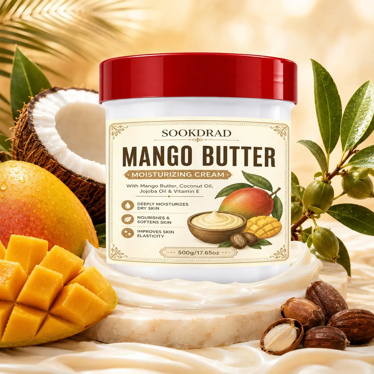 Mango Butter Moisturizing Cream, with Mango Butter, Coconut Oil, Jojoba Oil, Vitamin E, deeply moisturize dry skin, nourish & soften skin, improve skin elasticity, for all skin types, body