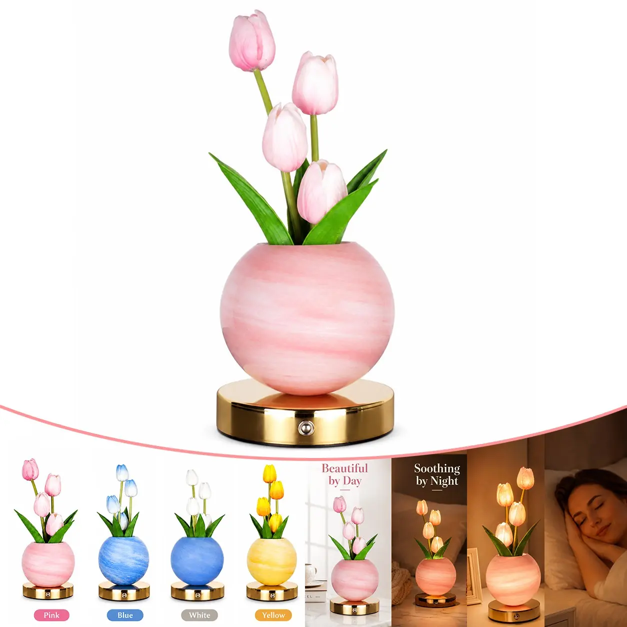 Tulip Decorative Light, USB-C Charging Flower Nightlight, Touch Switch, Warm Light Desk Lamp, Vase Base, 4 Colors, Home Decoration, Table Night Light