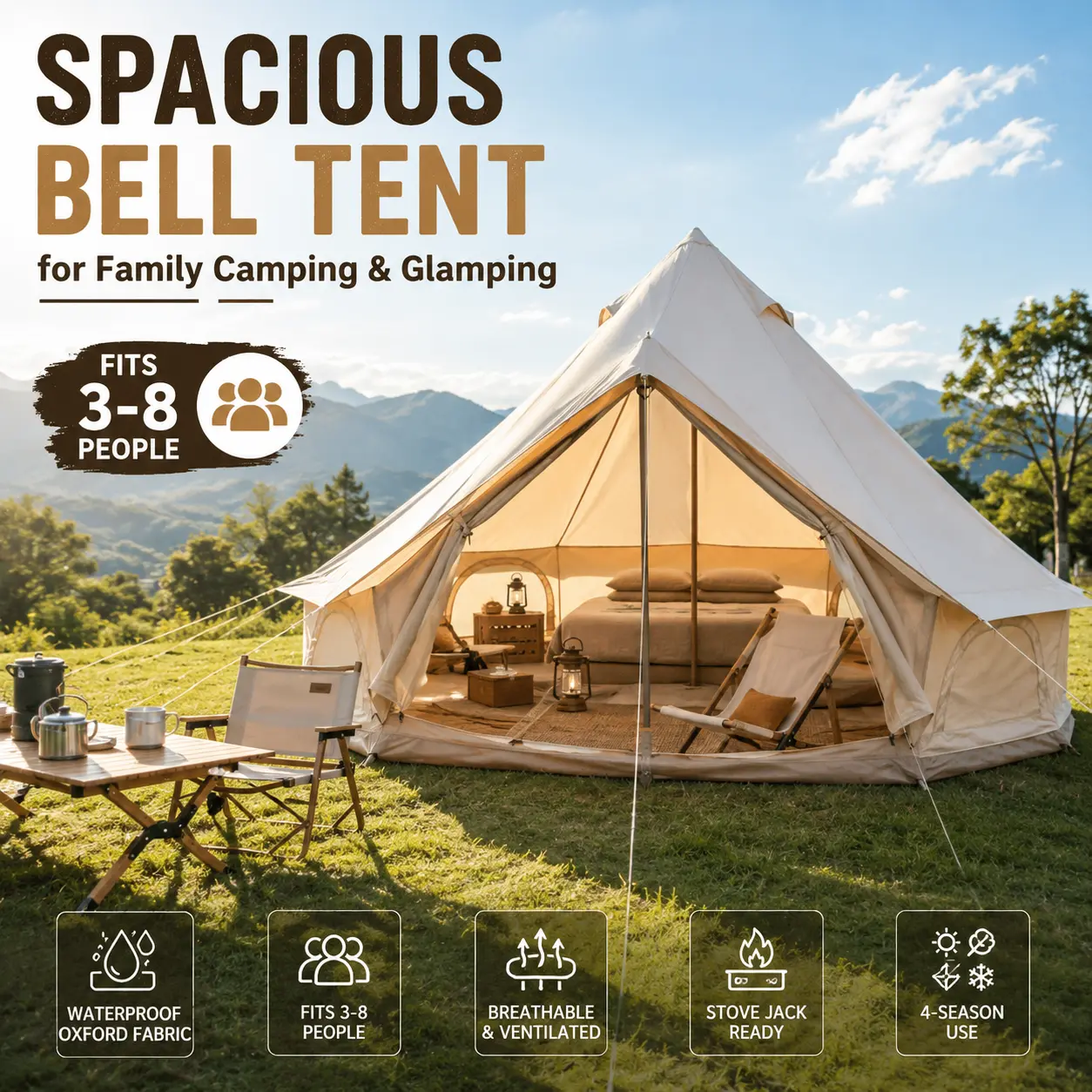 9.8FT Oxford Bell Tent, 3-4 Person 4 Season Waterproof Glamping Yurt Tent with Stove Jack for Family Camping-0001