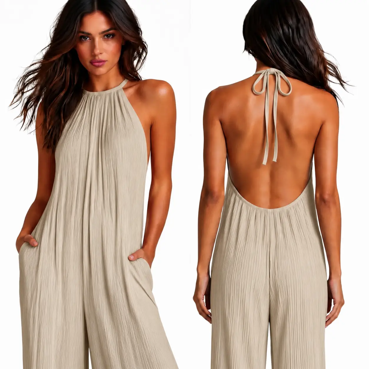 Women's White Halter Neck Jumpsuit, Sleeveless Flowy Wide Leg One Piece Outfit with Pockets, Loose Fit Textured Pleated Long Pants Romper, Casual Dressy Summer Jumpsuit for Vacation, Resort, Beach, Travel, Brunch, Bridal Shower, Party and Daily Wear