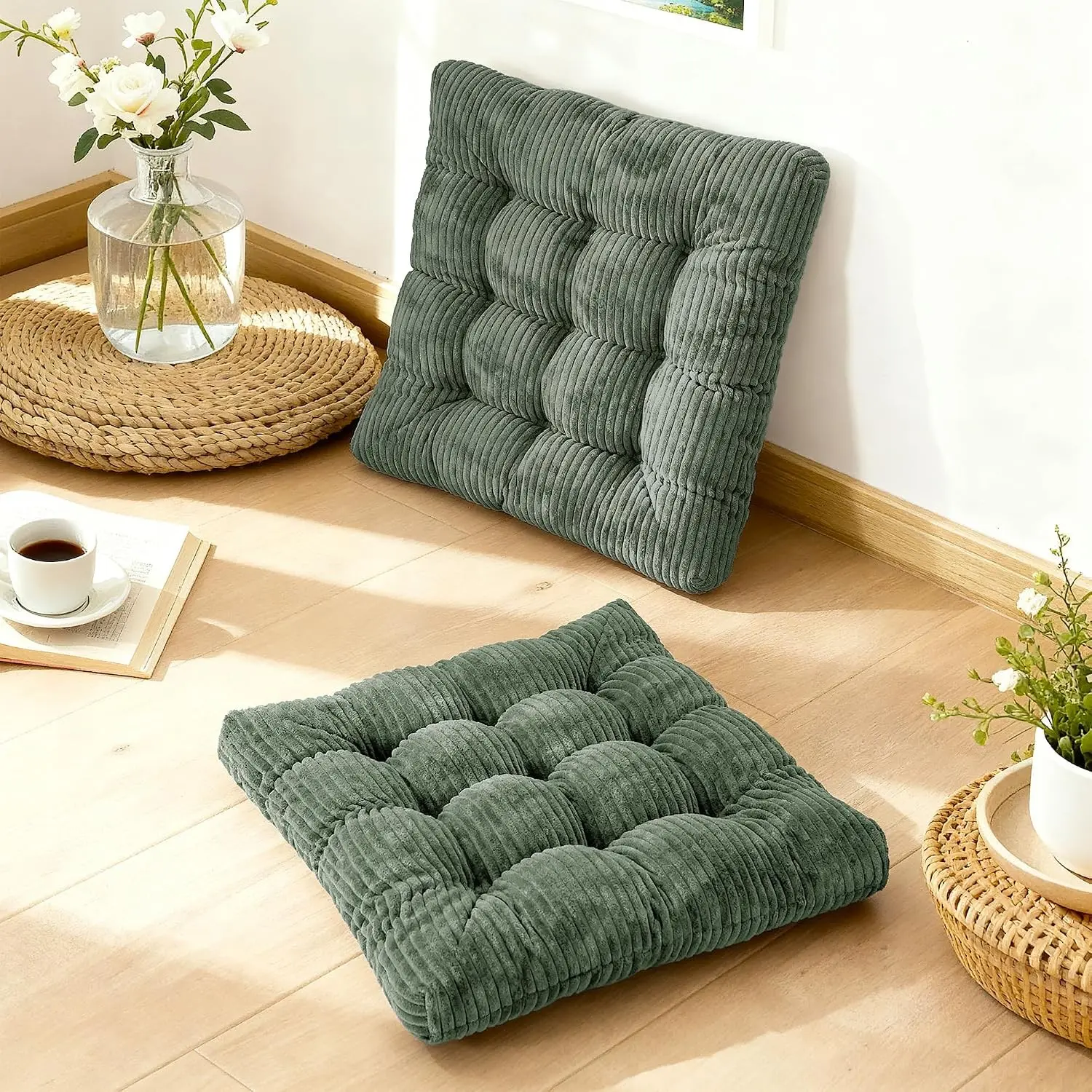 Meditation Floor Pillow Set of 2 Memory Foam Meditation Cushion for Adults Sitting Large Square Thickened Seat Cushions for Yoga Tatami Living Room (2, Dark Green)