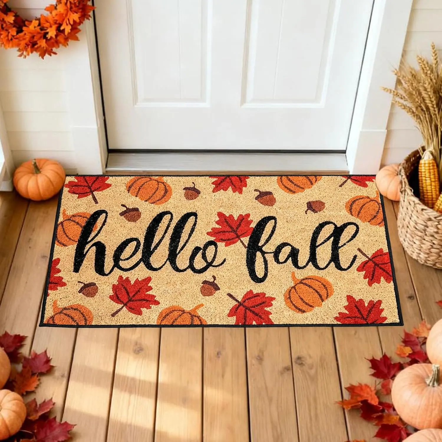 Thanksgiving Doormat  Fall Coir Door Mat Maple Leaves Pumpkin Pinecone Non-Slip Indoor Outdoor Entrance Mat for Autumn Thanksgiving, 17×30 Inches
