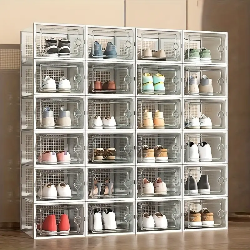 18 transparent stackable shoe boxes with lids | Clear Shoe Boxes Space saving storage box suitable for wardrobe organizing/shoe display, durable shoe rack for both men and women, multifunctional storage box suitable for sports shoes, sandals, boots