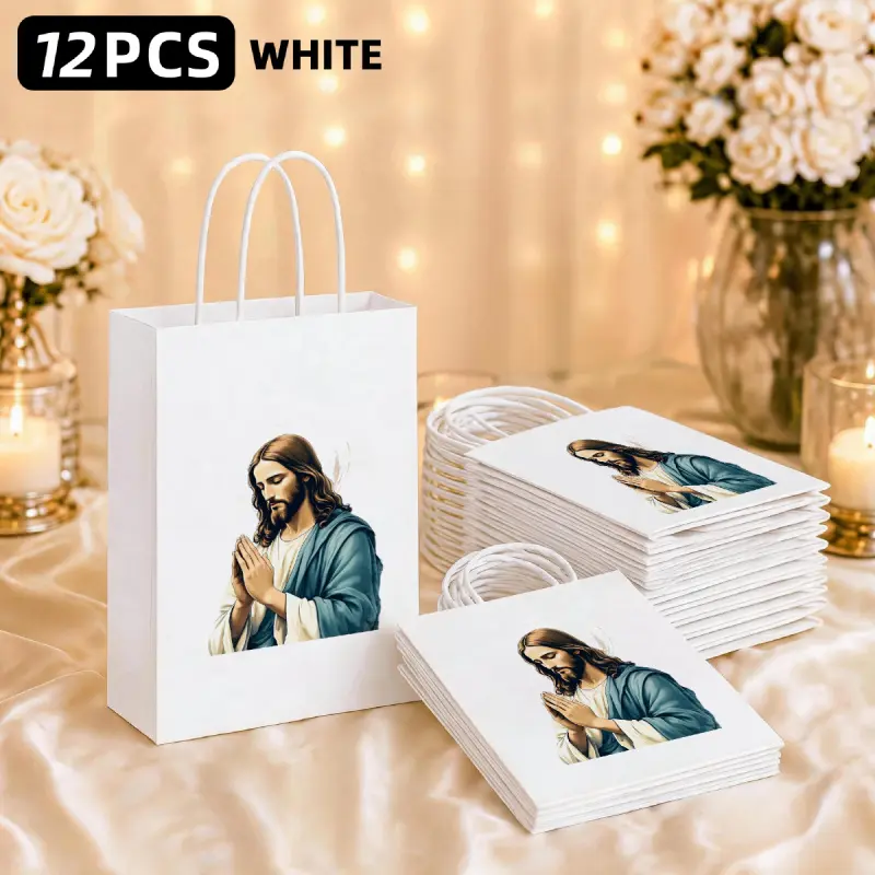 12-piece set of religious-style gift bags with Jesus prayer pattern, with handles, suitable for baptism, first communion, and party favors. Size 15X8X 21cm