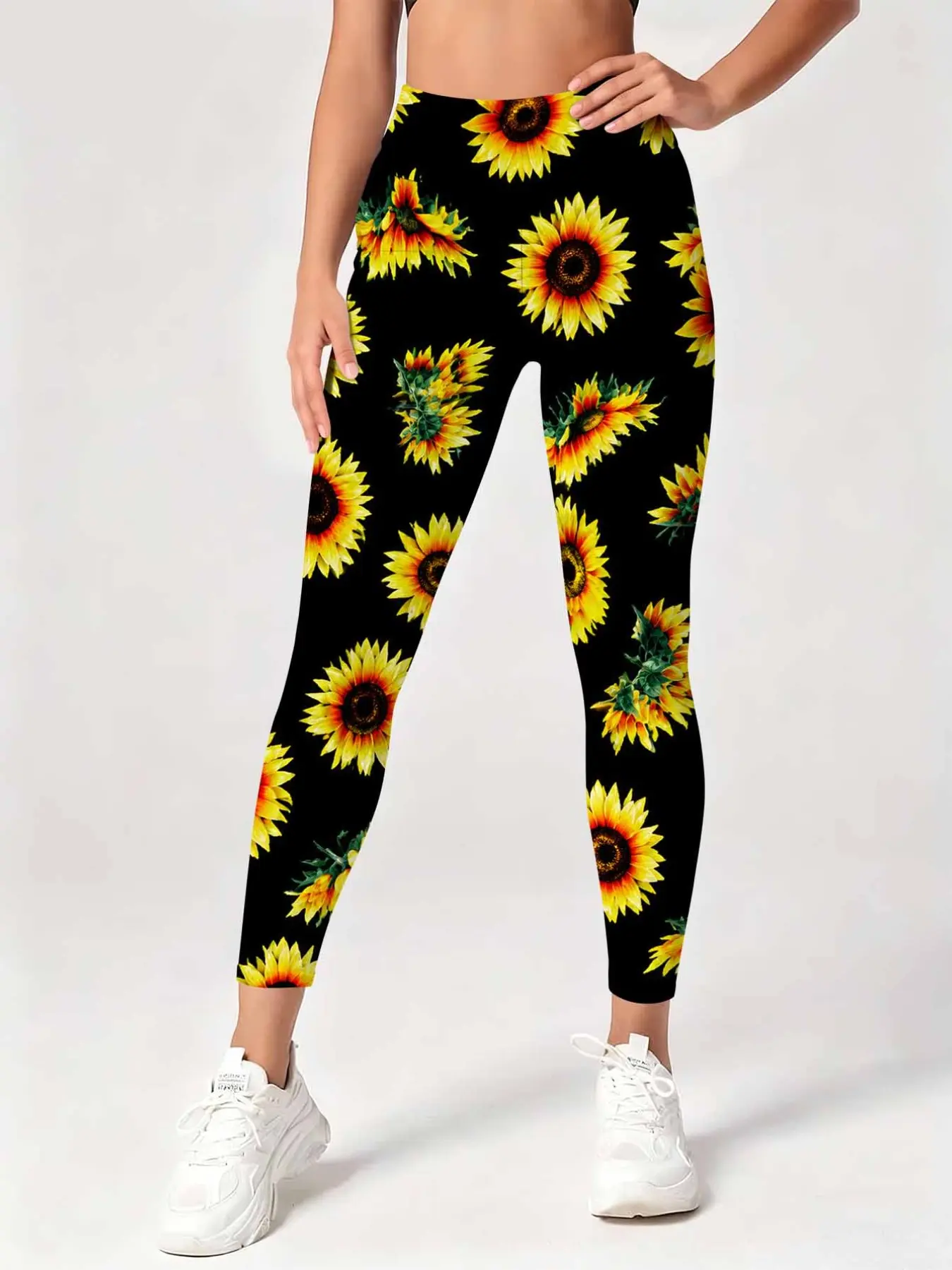 Women's Sunflower Print Yoga Pants, High Waist Stretch Slim Fit Athletic Tight Workout Bottoms, All-Season Comfortable Activewear